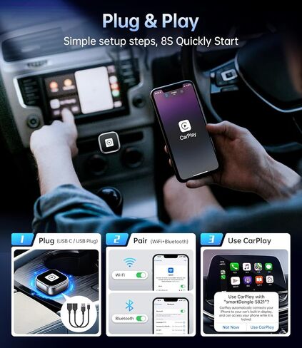 محول Carplay لاسلكي، CarPlay سلكي إلى لاسلكي، تصميم USB صغير لتشغيل السيارة وAndroid Auto، ترقية 2025 سهل الاستخدام، اتصال سريع ومستقر لهاتف iPhone (رمادي) in Kuwait