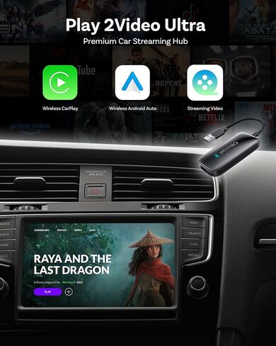 OTTOCAST Play2Video Ultra - محول CarPlay اللاسلكي وAndroid Auto مع YouTube وNetflix وSpotify وIPTV | واي فاي 5 جيجا هرتز، اتصال تلقائي، بدون تأخير | متوافق مع CarPlay السلكية OEM in Saudi Arabia