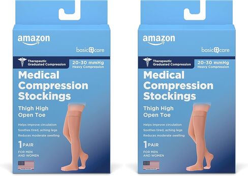 جوارب ضغط طبية من Amazon Basic Care، دعم 20-30 مم زئبقي، خرطوم بطول الفخذ للنساء والرجال، مفتوح عند الأصابع، بيج، متوسط ​​(NuVein سابقًا) in Kuwait