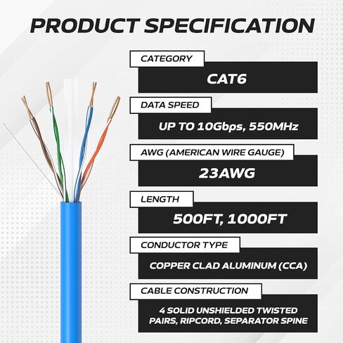Cables Direct Online CAT6 Cable 1000ft Pull Box Solid Ethernet LAN UTP Cable 23AWG 550Mhz RJ45 Network CCA Copper Clad Aluminum Wire Bulk (Blue) in Kuwait