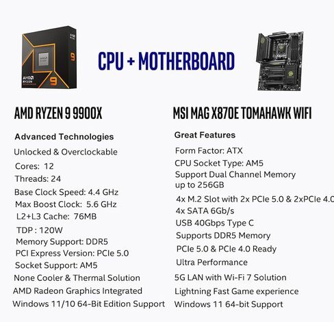 Micro Center AMD Ryzen 9 9900X CPU Processor with MSI MAG X870E Tomahawk WiFi ATX Motherboard (DDR5, PCIe 5.0 x16, M.2 Gen5, Wi-Fi 7, 5G LAN) in Saudi Arabia