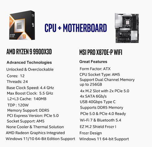 Micro Center AMD Ryzen 9 9900X CPU Processor with MSI MAG X870E Tomahawk WiFi ATX Motherboard (DDR5, PCIe 5.0 x16, M.2 Gen5, Wi-Fi 7, 5G LAN) in Saudi Arabia