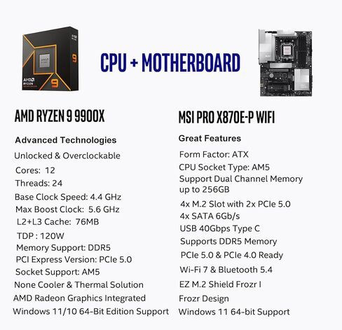 Micro Center AMD Ryzen 9 9900X CPU Processor with MSI MAG X870E Tomahawk WiFi ATX Motherboard (DDR5, PCIe 5.0 x16, M.2 Gen5, Wi-Fi 7, 5G LAN) in Kuwait