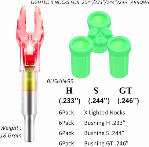 6PCS X Lighted Nocks for Arrows with .204 .233 .244 .246 Inside Diameter with H, S, GT Bushings LED Light up Knocks in Kuwait