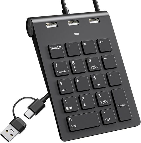 لوحة أرقام سلكية USB C، لوحة مفاتيح رقمية USB مع 3 منافذ USB 2.0، لوحة أرقام 18 مفتاحًا، لوحة مفاتيح صغيرة نحيفة محمولة لأجهزة الكمبيوتر المحمول/سطح المكتب/السطح/ iPad، لوحة مفاتيح أرقام USB لنظام التشغيل Windows/MacOS/Chrome OS، أسود in Kuwait