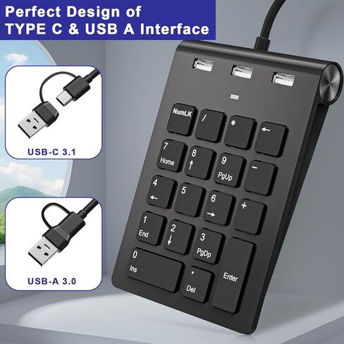 لوحة أرقام سلكية USB C، لوحة مفاتيح رقمية USB مع 3 منافذ USB 2.0، لوحة أرقام 18 مفتاحًا، لوحة مفاتيح صغيرة نحيفة محمولة لأجهزة الكمبيوتر المحمول/سطح المكتب/السطح/ iPad، لوحة مفاتيح أرقام USB لنظام التشغيل Windows/MacOS/Chrome OS، أسود in Kuwait