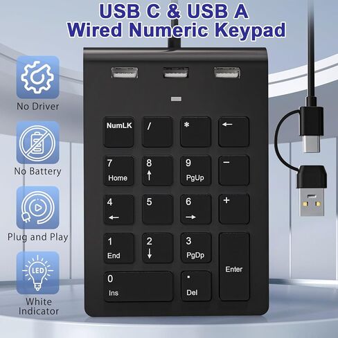 لوحة أرقام سلكية USB C، لوحة مفاتيح رقمية USB مع 3 منافذ USB 2.0، لوحة أرقام 18 مفتاحًا، لوحة مفاتيح صغيرة نحيفة محمولة لأجهزة الكمبيوتر المحمول/سطح المكتب/السطح/ iPad، لوحة مفاتيح أرقام USB لنظام التشغيل Windows/MacOS/Chrome OS، أسود in Kuwait