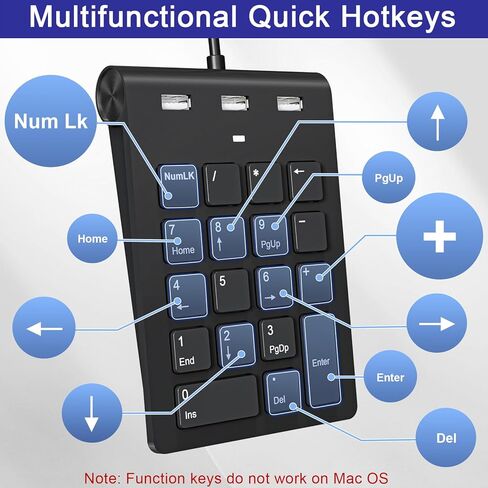 لوحة أرقام سلكية USB C، لوحة مفاتيح رقمية USB مع 3 منافذ USB 2.0، لوحة أرقام 18 مفتاحًا، لوحة مفاتيح صغيرة نحيفة محمولة لأجهزة الكمبيوتر المحمول/سطح المكتب/السطح/ iPad، لوحة مفاتيح أرقام USB لنظام التشغيل Windows/MacOS/Chrome OS، أسود in Kuwait