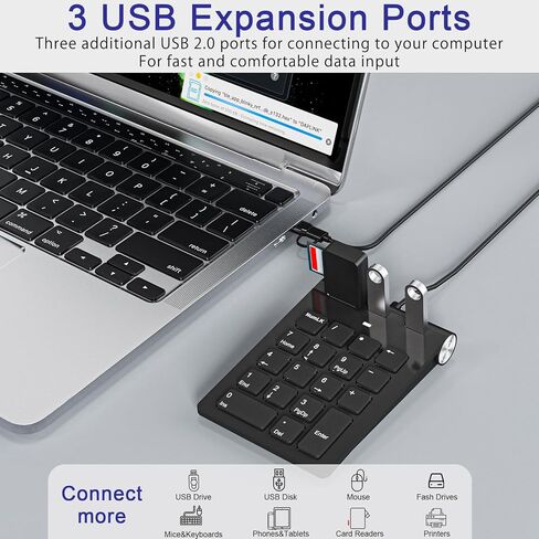 لوحة أرقام سلكية USB C، لوحة مفاتيح رقمية USB مع 3 منافذ USB 2.0، لوحة أرقام 18 مفتاحًا، لوحة مفاتيح صغيرة نحيفة محمولة لأجهزة الكمبيوتر المحمول/سطح المكتب/السطح/ iPad، لوحة مفاتيح أرقام USB لنظام التشغيل Windows/MacOS/Chrome OS، أسود in Kuwait