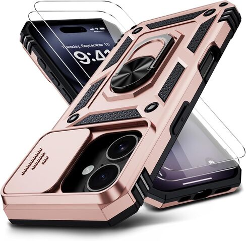 حافظة لهاتف iPhone 16 مع واقي شاشة HD 2X وغطاء كاميرا منزلق ومسند حلقي دوار، [من الدرجة العسكرية] حافظة هاتف واقية متينة شديدة التحمل لهاتف iPhone 16 6.1 بوصة، أسود in Kuwait