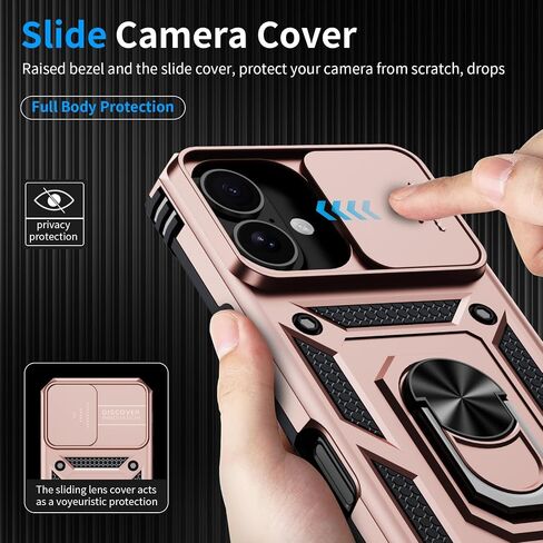 حافظة لهاتف iPhone 16 مع واقي شاشة HD 2X وغطاء كاميرا منزلق ومسند حلقي دوار، [من الدرجة العسكرية] حافظة هاتف واقية متينة شديدة التحمل لهاتف iPhone 16 6.1 بوصة، أسود in Kuwait