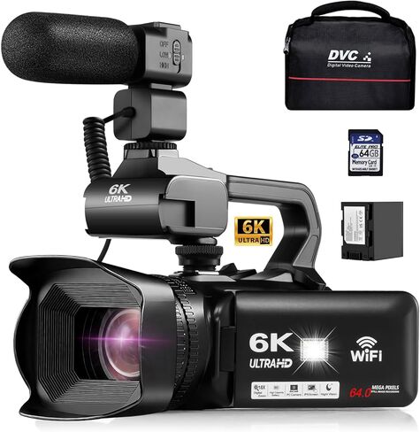 6K UHD Camcorder Video Camera with WIFI, 64MP IR Night Vision Vlogging Camera for YouTube 18X Digital Zoom 4.0" Touch Screen Digital Camera with Mic,Battery,Stabilizer, Remote Control and 64GB SD Card in Saudi Arabia