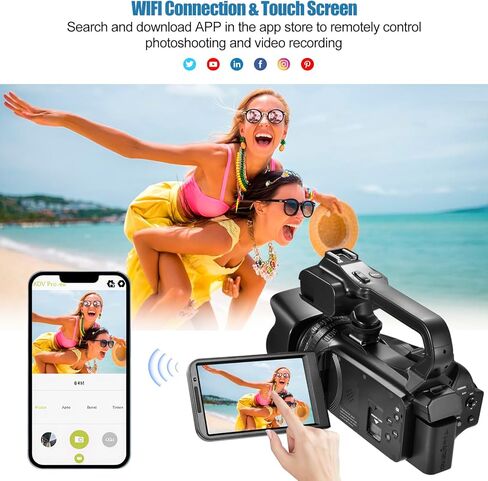 6K UHD Camcorder Video Camera with WIFI, 64MP IR Night Vision Vlogging Camera for YouTube 18X Digital Zoom 4.0" Touch Screen Digital Camera with Mic,Battery,Stabilizer, Remote Control and 64GB SD Card in Saudi Arabia