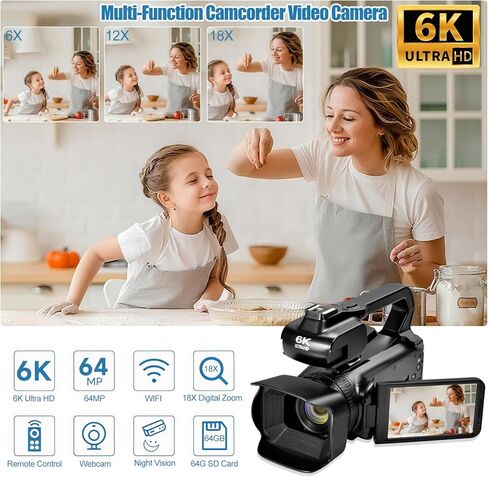 6K UHD Camcorder Video Camera with WIFI, 64MP IR Night Vision Vlogging Camera for YouTube 18X Digital Zoom 4.0" Touch Screen Digital Camera with Mic,Battery,Stabilizer, Remote Control and 64GB SD Card in Saudi Arabia