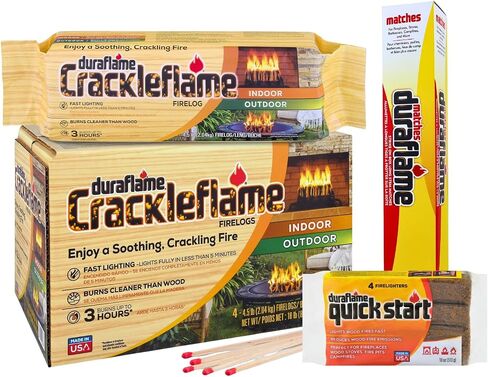 حزمة Duraflame Firelogs – Firelogs مع Quickstart & Long Stick Matches – سجلات داخلية وخارجية سهلة الإضاءة وطويلة الأمد ونظيفة الاحتراق (Crackleflame 4.5lb 3 ساعات) in Kuwait
