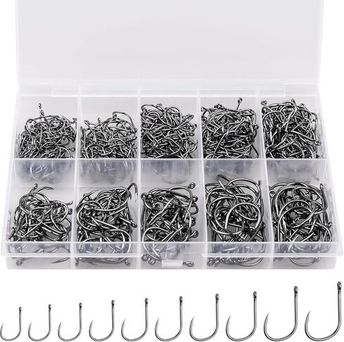 300PCS Carbon Steel Fishing Hooks with Holes,10 Specifications of Fishing Hooks, Portable Boxed Hooks,Strong Sharp Fish Hook for Freshwater Seawater in Saudi Arabia