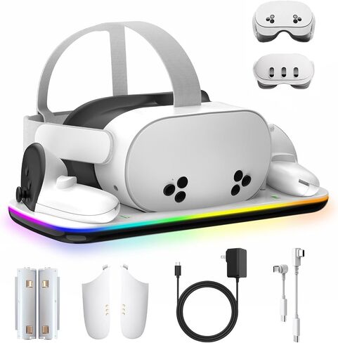 قاعدة شحن متوافقة مع Meta Oculus Quest 3/3S، ملحقات وحدة تحكم سماعة الرأس VR، محطة شحن مع مؤشر RGB قابل للإغلاق، شحن مغناطيسي، شحن سريع، بطاريتين قابلتين للشحن in Saudi Arabia