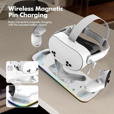 قاعدة شحن متوافقة مع Meta Oculus Quest 3/3S، ملحقات وحدة تحكم سماعة الرأس VR، محطة شحن مع مؤشر RGB قابل للإغلاق، شحن مغناطيسي، شحن سريع، بطاريتين قابلتين للشحن in Saudi Arabia
