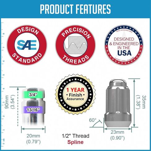 Wheel Accessories Parts 20 Pcs 1/2"-20 Thread Spike Spline 4.40" Long Lug Nuts Chrome 7/8" & 13/16" Hex Fits Chevy C10 K5 Blazer ｜ GMC C1500 ｜ Dodge Ram 1500 Ramcharger ｜ Ford F150 ｜ Jeep Wrangler in Kuwait