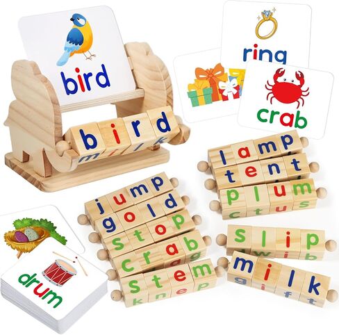 Shylizard Montessori Learning and Educational Toys Gifts for Kids 3 4 5 Years, Wooden Reading Blocks Toys, Learning Activities for Preschool Kindergarten, Turning Rotating Matching Flash Card Games in Kuwait
