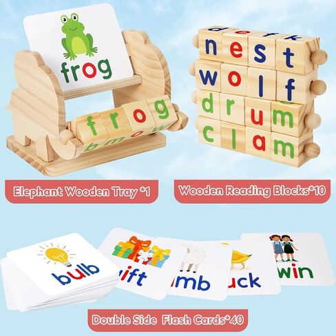 Shylizard Montessori Learning and Educational Toys Gifts for Kids 3 4 5 Years, Wooden Reading Blocks Toys, Learning Activities for Preschool Kindergarten, Turning Rotating Matching Flash Card Games in Kuwait