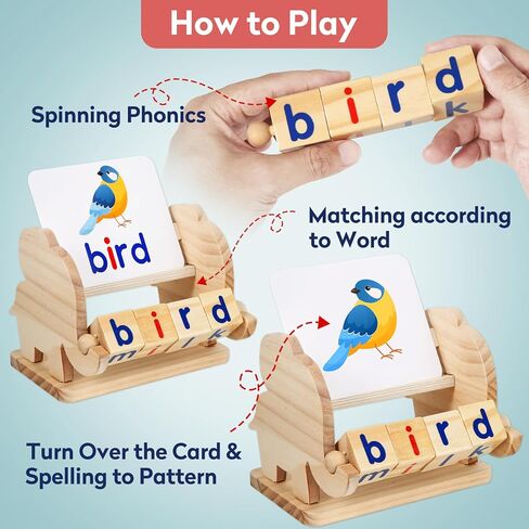 Shylizard Montessori Learning and Educational Toys Gifts for Kids 3 4 5 Years, Wooden Reading Blocks Toys, Learning Activities for Preschool Kindergarten, Turning Rotating Matching Flash Card Games in Kuwait