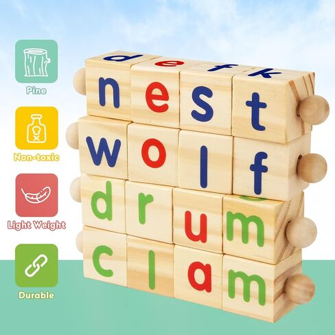 Shylizard Montessori Learning and Educational Toys Gifts for Kids 3 4 5 Years, Wooden Reading Blocks Toys, Learning Activities for Preschool Kindergarten, Turning Rotating Matching Flash Card Games in Kuwait