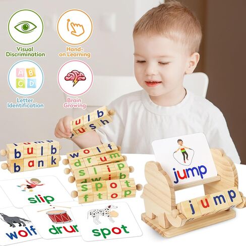 Shylizard Montessori Learning and Educational Toys Gifts for Kids 3 4 5 Years, Wooden Reading Blocks Toys, Learning Activities for Preschool Kindergarten, Turning Rotating Matching Flash Card Games in Kuwait