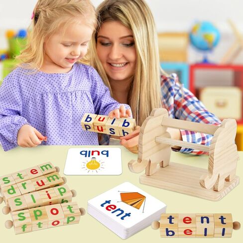 Shylizard Montessori Learning and Educational Toys Gifts for Kids 3 4 5 Years, Wooden Reading Blocks Toys, Learning Activities for Preschool Kindergarten, Turning Rotating Matching Flash Card Games in Kuwait