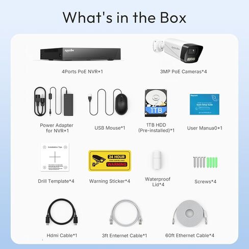 Rraycom Home Security Camera System,4pcs H.265 3MP Wired PoE IP Cameras Outdoor with Spotlight&Motion Detection,Two-Way Audio,Waterproof,4K NVR with 1TB HDD for 24-7 Recording,No Monthly Fee in Kuwait