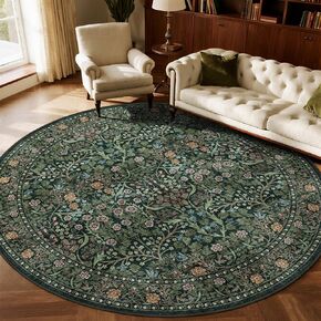 Green Round Rugs 6ft - Soft Washable Boho Floral Bedroom Circle Rug Stain Resistant Botanical Dining Room Rugs for Under Round Table Vintage Area Rug for Living Room Office Kid Room in Saudi Arabia