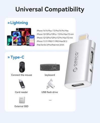 ORICO Lightning to USB Adapter with Charging Port, USB C Female to Lightning Male for iPhone 14 13 11 12 Pro Max, Compatible with Charging Support OTG Data Transmission Connect External SSD - LC10 in Saudi Arabia