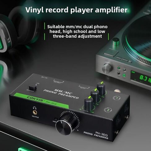 PUSOKEI MM MC Phono Preamp، معادلة 3 نطاقات مع مخرج سماعة رأس 3.5 مم، إدخال/إخراج 5 Pin XLR، ضوضاء منخفضة لتحسين صوت القرص الدوار (قابس أمريكي) in Kuwait