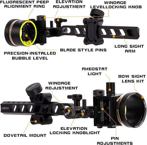 LWANO M2 Cpmpound Bow Sight - شريط قصير/طويل ذو 5 دبابيس للرماية، أداة أقل لضبط انحراف الرياح والارتفاع، مع مجموعة عدسات تكبير 2X in Kuwait
