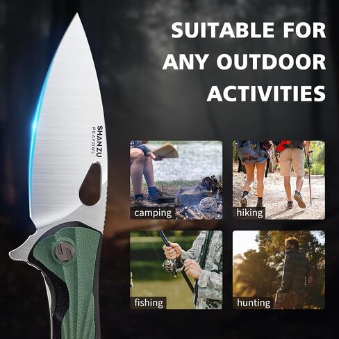 SHAN ZU Pocket Knife 3.2 in, Powder Steel Blade EDC Folding Knife for Men & Women, Utility Survival Knife with G10 Handle & Pocket Clip for Camping Fishing Hiking Hunting - Green in Saudi Arabia
