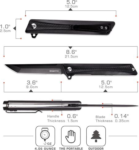 REMETTE Tactical Folding Pocket Knife GD22K, 3.6" Black PVD Tanto Blade Flip Open with Durable G10 Handle,Men Women Everyday Carry EDC,Sharp Camping Hiking Daily Work Knives in Saudi Arabia