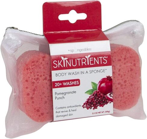 Spongeables Skinutrients Moisturizing Body Wash in a Sponge With Bonus Travel Bag 20+ Washes Paraben and Cruelty-Free, Pomegranate Punch, 3.5 Oz (Pack of 3) in Saudi Arabia