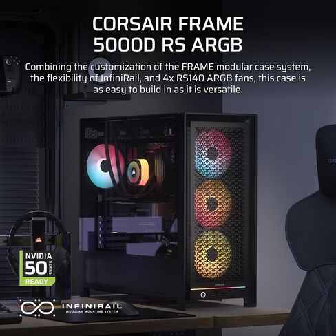 هيكل CORSAIR Frame 5000D RS ARGB Modular High Airflow Mid-Tower PC Case – 4X مراوح RS ARGB المثبتة مسبقًا، نظام تركيب المروحة InfiniRail™، ASUS BTF، MSI Project Zero، Gigabyte Project Stealth – أسود in Saudi Arabia
