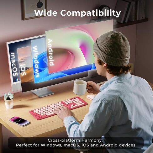 seenda Bluetooth Keyboard and Mouse Combo, COE202 2.4G USB + Dual Bluetooth, Round Cute Keycaps, Full Size Wireless Keyboard Mouse Compatible for PC/Computer/Laptop/Mac/MacBook Pro/Air/iPad, Black in Saudi Arabia