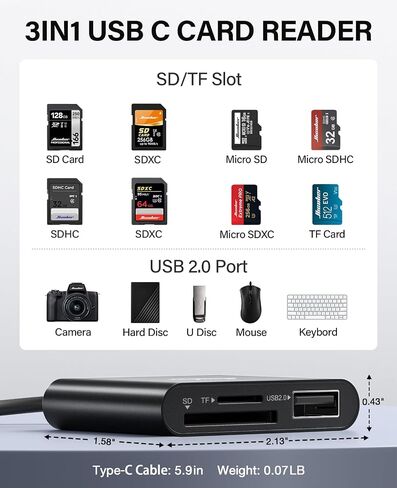 قارئ بطاقة SD USB C من HICOBER، 3 في 1 لأجهزة الكمبيوتر المحمول والهاتف والكمبيوتر اللوحي، رمادي | جسم ألومنيوم متين يساعد على تبديد الحرارة بسرعة للحصول على أداء مستقر؛ يقرأ محركات أقراص SD وTF وUSB بسعة تصل إلى 2 تيرابايت عبر USB-C in Kuwait