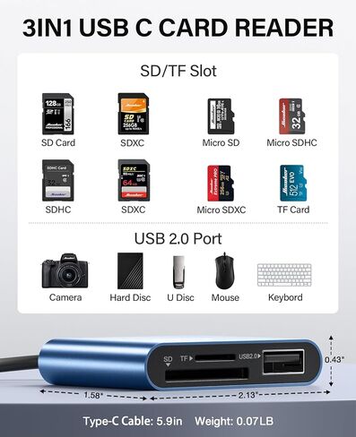 Hicober USB C إلى SD، قارئ بطاقة ذاكرة Micro SD، محول قارئ بطاقات من النوع C إلى SD سعة 2 تيرابايت لكاميرا MacBook Android Windows Linux وأجهزة أخرى من النوع C - رمادي فضائي in Kuwait