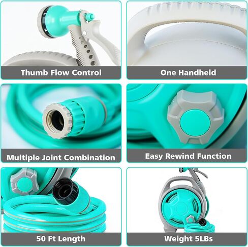 50FT Retractable Garden Hose Reel, Lightweight & Portable Hose Reel with 6 Patterns Spray Nozzle, Suitable for US Standard Hose Connection in Saudi Arabia