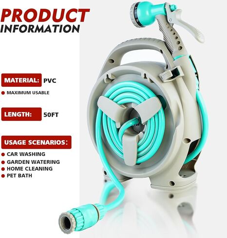 50FT Retractable Garden Hose Reel, Lightweight & Portable Hose Reel with 6 Patterns Spray Nozzle, Suitable for US Standard Hose Connection in Saudi Arabia
