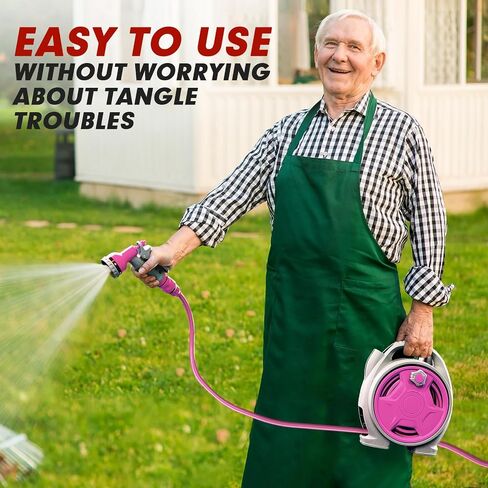 50FT Retractable Garden Hose Reel, Lightweight & Portable Hose Reel with 6 Patterns Spray Nozzle, Suitable for US Standard Hose Connection in Saudi Arabia