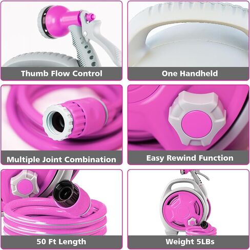 50FT Retractable Garden Hose Reel, Lightweight & Portable Hose Reel with 6 Patterns Spray Nozzle, Suitable for US Standard Hose Connection in Saudi Arabia