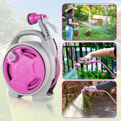 50FT Retractable Garden Hose Reel, Lightweight & Portable Hose Reel with 6 Patterns Spray Nozzle, Suitable for US Standard Hose Connection in Saudi Arabia
