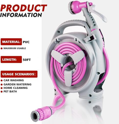 50FT Retractable Garden Hose Reel, Lightweight & Portable Hose Reel with 6 Patterns Spray Nozzle, Suitable for US Standard Hose Connection in Saudi Arabia