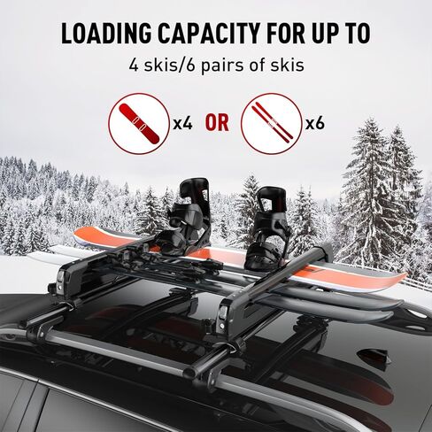 Universal Ski and Snowboard Roof Rack Carrier - Fits 6 Pairs of Skis or 4 Snowboards, Lockable for Secure Transport, Fits Most Factory and Aftermarket Roof Rack Cross Bars in Saudi Arabia