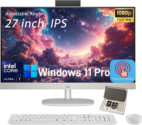 كمبيوتر مكتبي HP 27 الكل في واحد بشاشة تعمل باللمس، ذاكرة وصول عشوائي DDR5 سعة 32 جيجابايت، محرك أقراص SSD سعة 1 تيرابايت، Intel 12 Core Ultra 7 155U، شاشة لمس FHD IPS، لوحة مفاتيح وماوس لاسلكي، Win 11 Pro، كاميرا 1080 بكسل، مع ملحقات in Kuwait