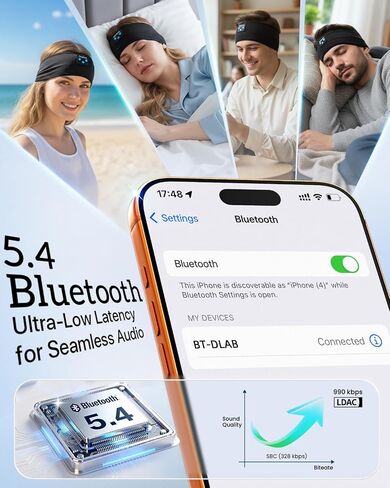 سماعات رأس بيريتونج سليب بلوتوث 5.4، سماعات رأس لاسلكية للنوم مع مكبرات صوت ستيريو عالية الدقة رفيعة للغاية للنوم الجانبي، عصابة رأس رياضية ناعمة ومقاومة للعرق لتمارين اليوغا والسفر in Kuwait